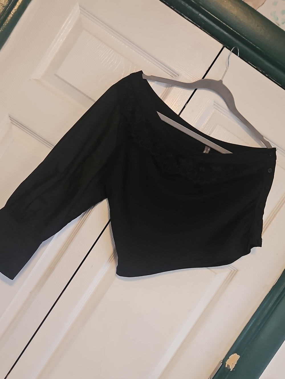Anthropologie Black Lace-Trim Off-Shoulder Top